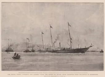 Królewski jacht Victoria and Albert z królową na pokładzie eskortowany z Holyhead do Kingstown